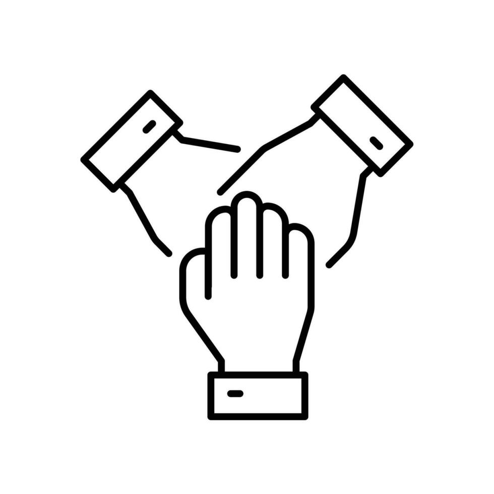 Holding hands together in team work, team project, meeting discussion, cooperation. Work management collaboration strategy. Mutual help icon. Vector illustration. Design on white background. EPS 10