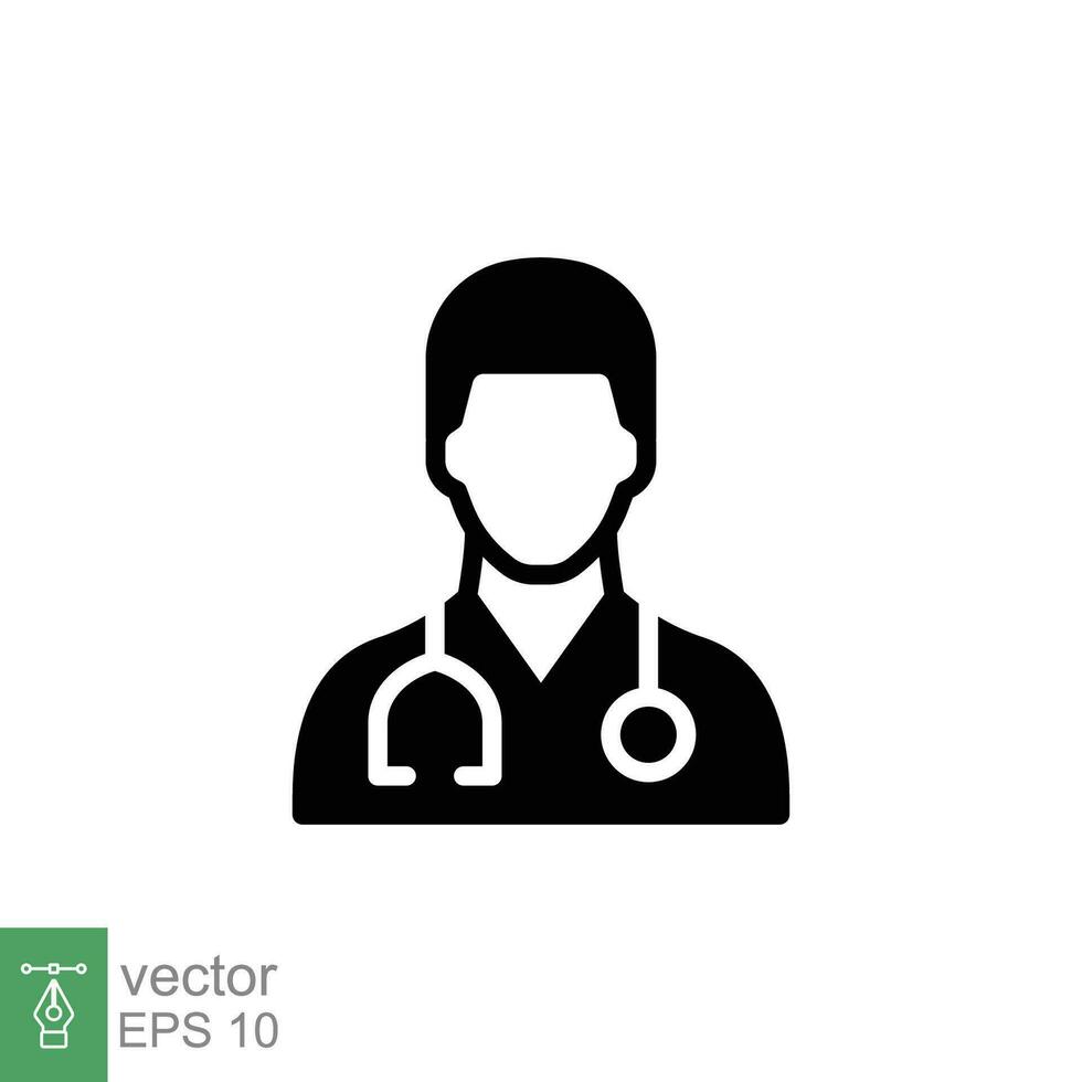 Male doctor icon. Simple solid style. Doctor with stethoscope, man, medic, healthcare, medical concept. Black silhouette, glyph symbol. Vector illustration isolated on white background. EPS 10.