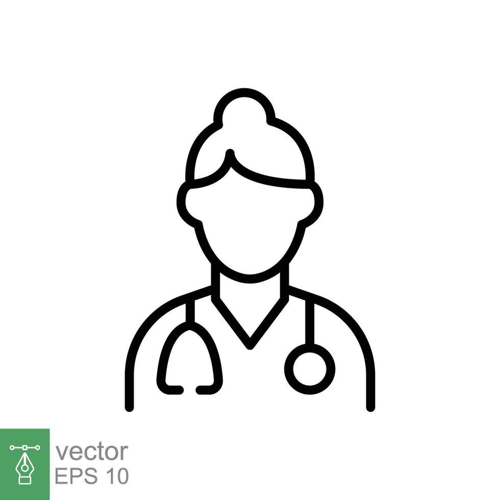 Female doctor icon. Simple outline style. Doctor with stethoscope, woman, medic, healthcare, medical concept. Thin line symbol. Vector illustration isolated on white background. EPS 10.