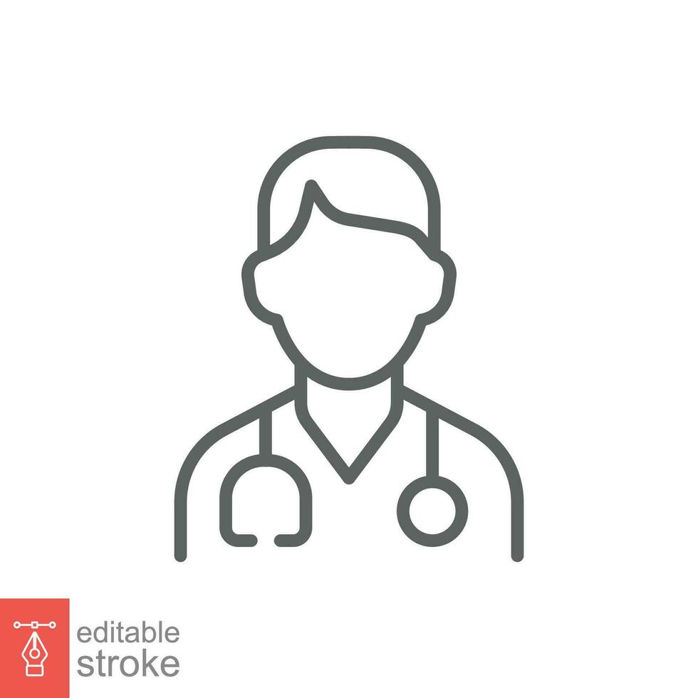 Male doctor icon. Simple outline style. Doctor with stethoscope, man, medic, healthcare, medical concept. Thin line symbol. Vector illustration isolated on white background. Editable stroke EPS 10.