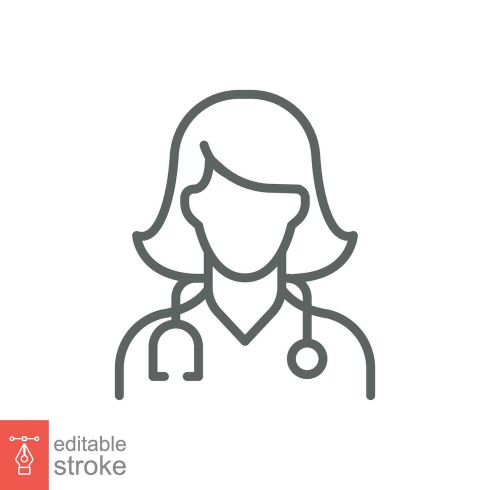 Female doctor icon. Simple outline style. Doctor with stethoscope, woman, medic, healthcare medical concept. Thin line symbol. Vector illustration isolated on white background. Editable stroke EPS 10.