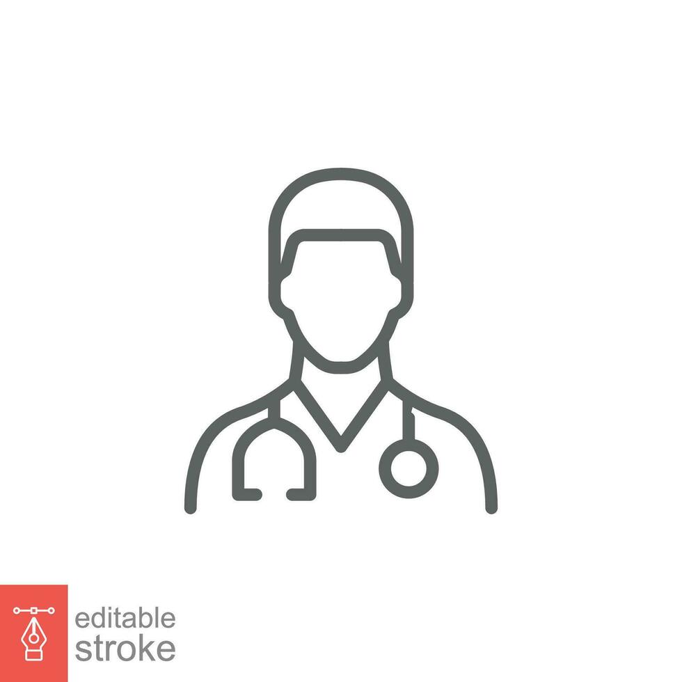 Male doctor icon. Simple outline style. Doctor with stethoscope, man, medic, healthcare, medical concept. Thin line symbol. Vector illustration isolated on white background. Editable stroke EPS 10.