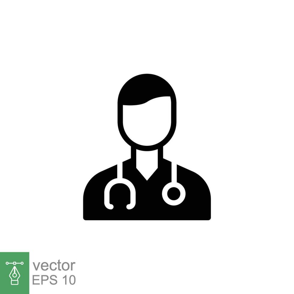 Male doctor icon. Simple solid style. Doctor with stethoscope, man, medic, healthcare, medical concept. Black silhouette, glyph symbol. Vector illustration isolated on white background. EPS 10.