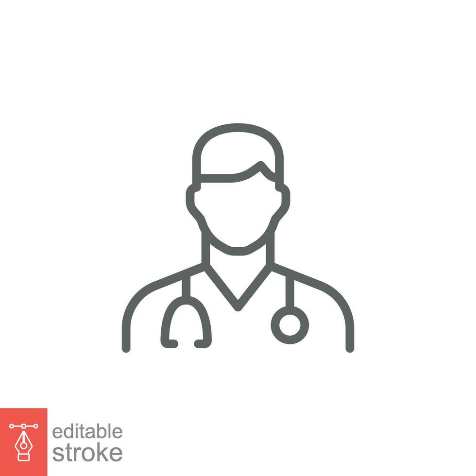 Male doctor icon. Simple outline style. Doctor with stethoscope, man, medic, healthcare, medical concept. Thin line symbol. Vector illustration isolated on white background. Editable stroke EPS 10.