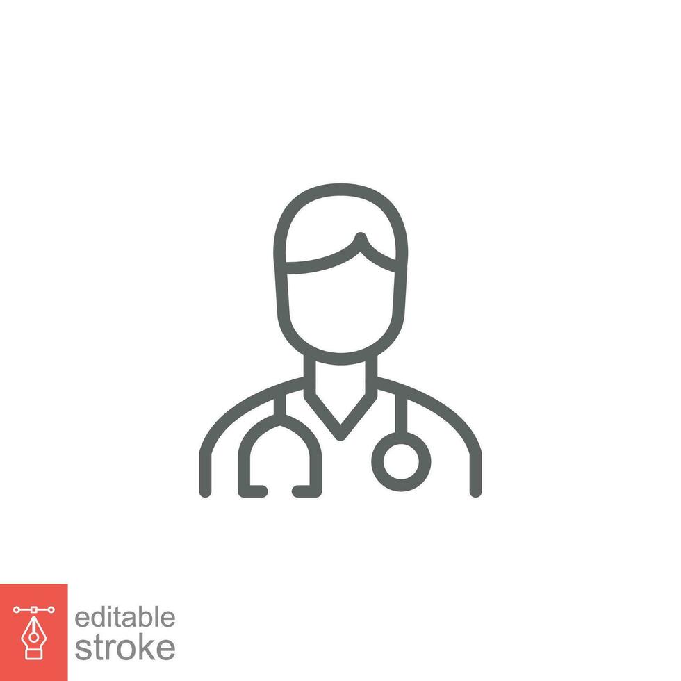 Male doctor icon. Simple outline style. Doctor with stethoscope, man, medic, healthcare, medical concept. Thin line symbol. Vector illustration isolated on white background. Editable stroke EPS 10.