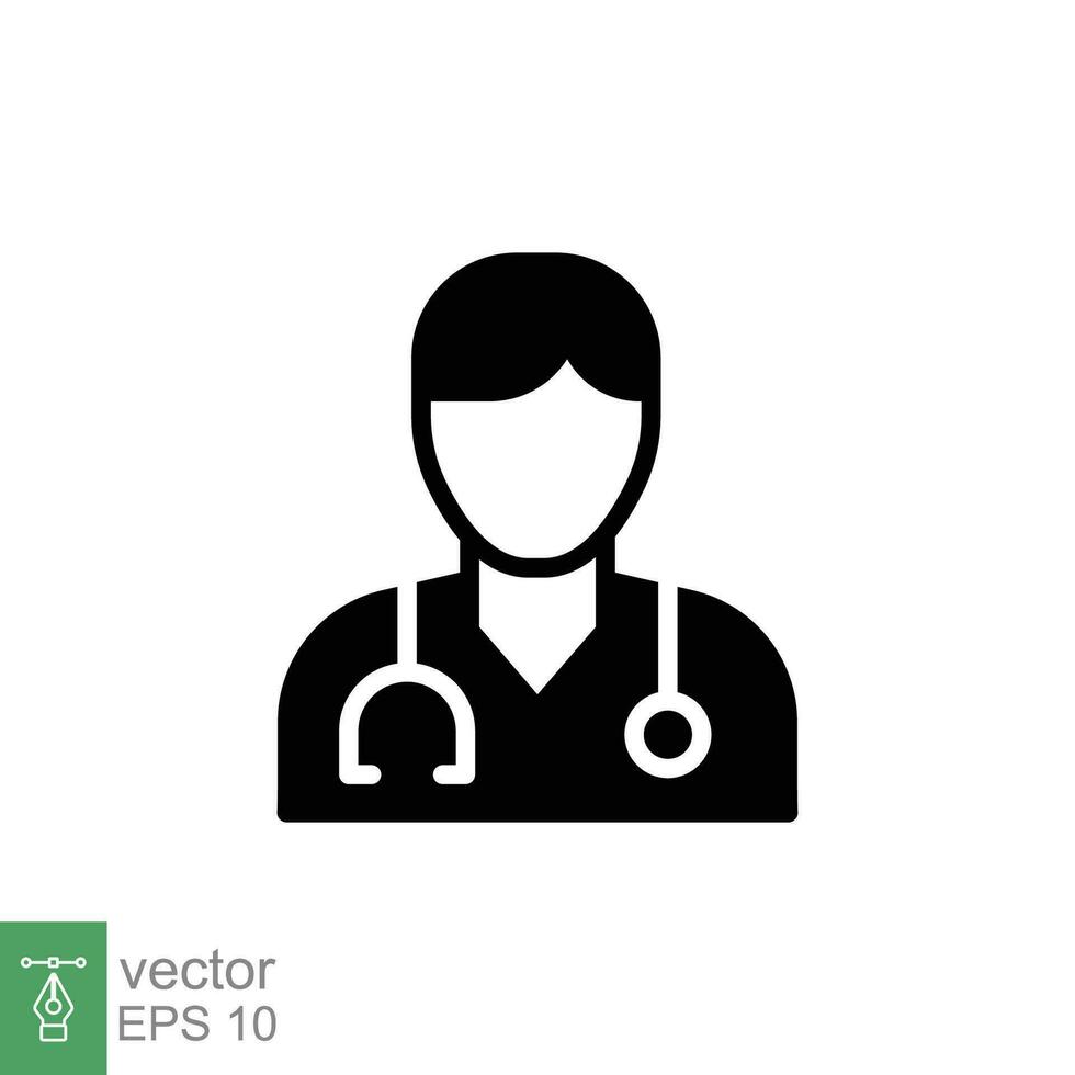 Male doctor icon. Simple solid style. Doctor with stethoscope, man, medic, healthcare, medical concept. Black silhouette, glyph symbol. Vector illustration isolated on white background. EPS 10.