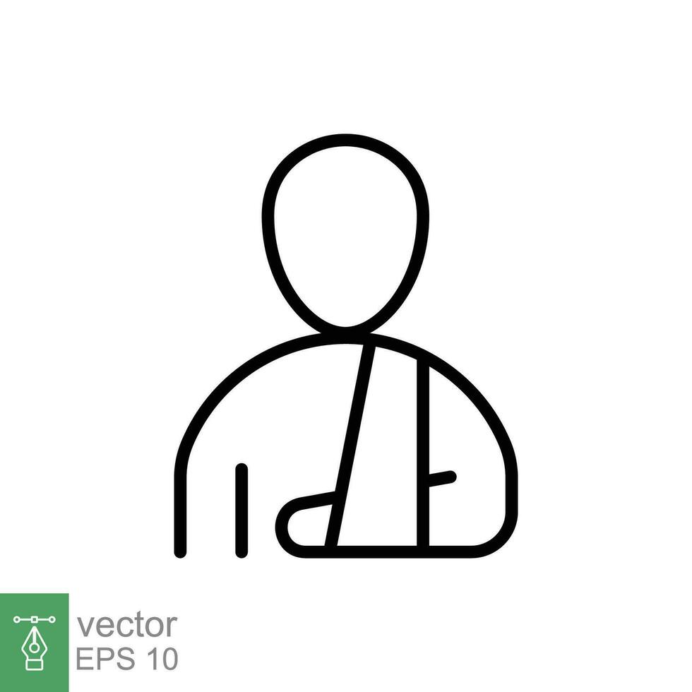Injured man in bandage icon. Simple outline style. Broken arm, patient, injury, person, wound, medical concept. Thin line symbol. Vector illustration isolated on white background. EPS 10.