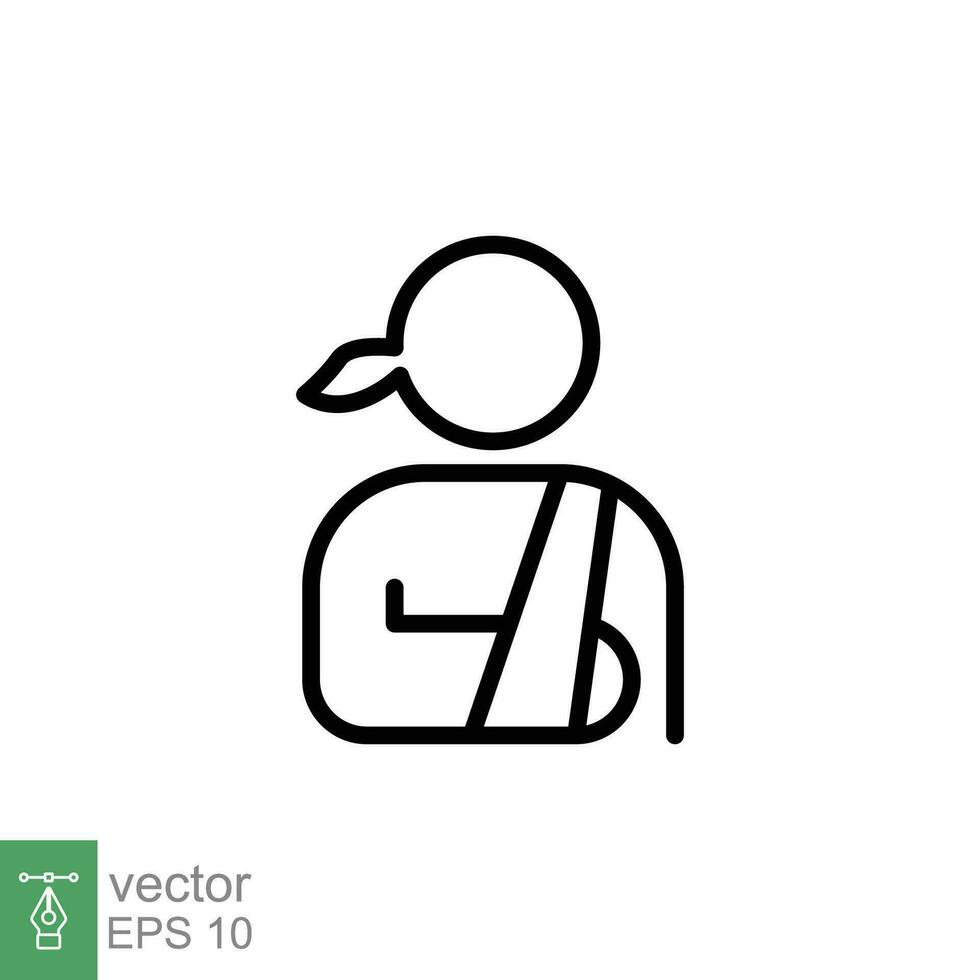 Injured woman in bandage icon. Simple outline style. Broken arm, patient, injury, person, female, wound, medical concept. Thin line symbol. Vector illustration isolated on white background. EPS 10.