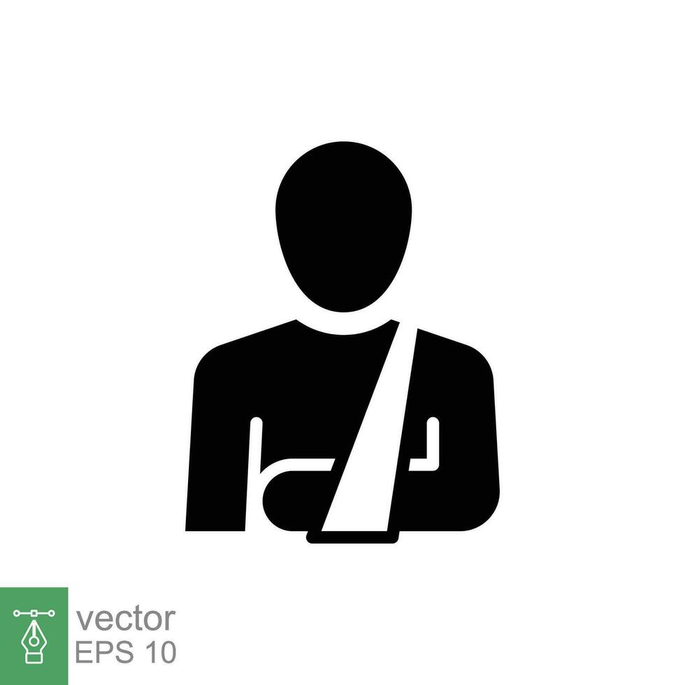 Injured man in bandage icon. Simple solid style. Broken arm, patient, injury, person, wound, medical concept. Black silhouette, glyph symbol. Vector illustration isolated on white background. EPS 10.
