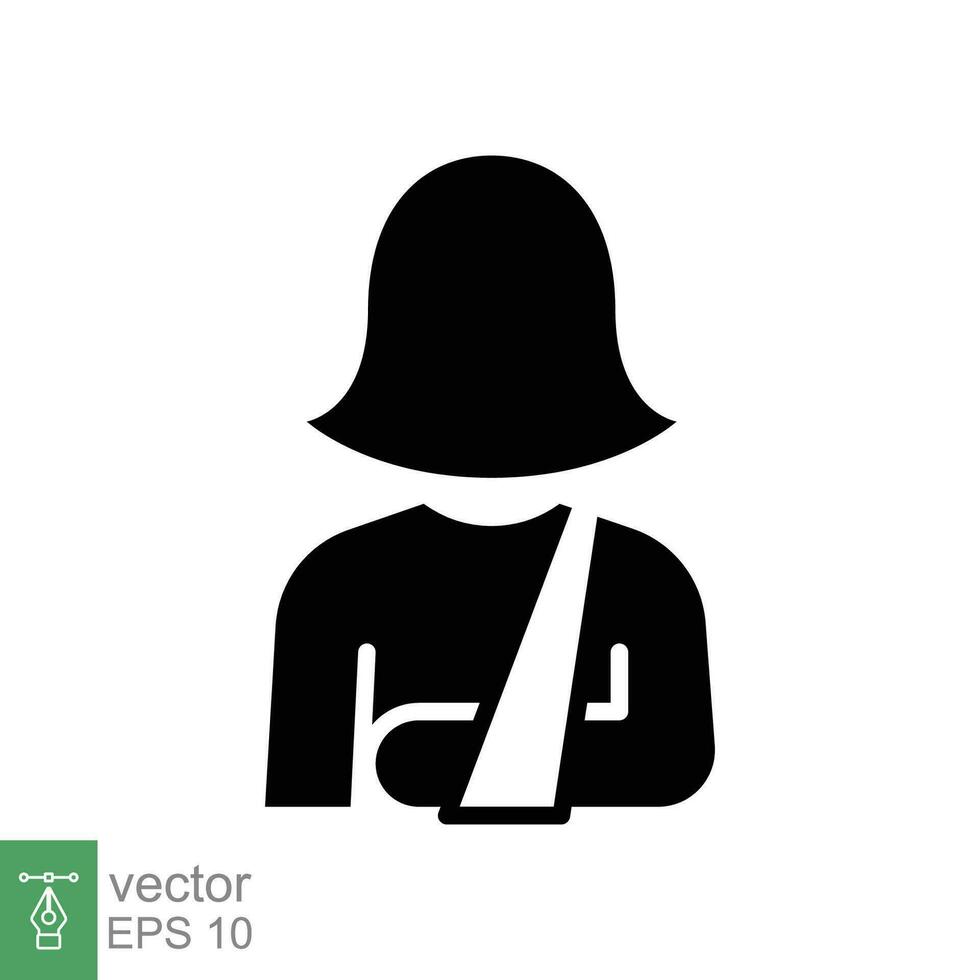 Injured woman in bandage icon. Simple solid style. Broken arm, patient, person, female, medical concept. Black silhouette, glyph symbol. Vector illustration isolated on white background. EPS 10.