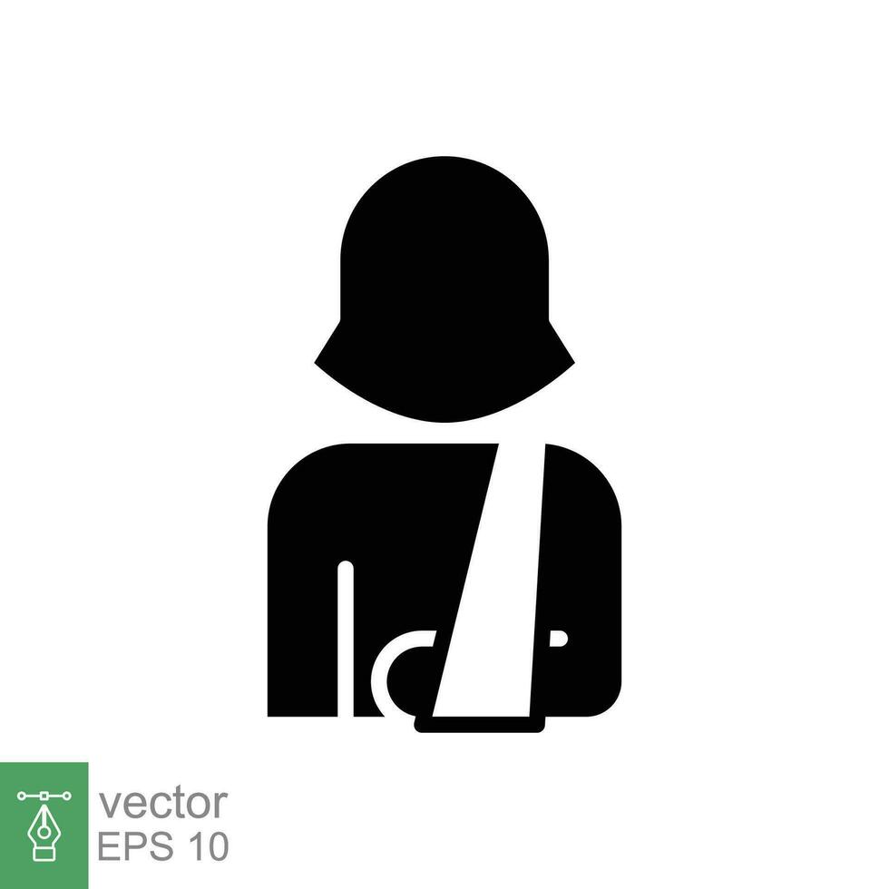 Injured woman in bandage icon. Simple solid style. Broken arm, patient, person, female, medical concept. Black silhouette, glyph symbol. Vector illustration isolated on white background. EPS 10.