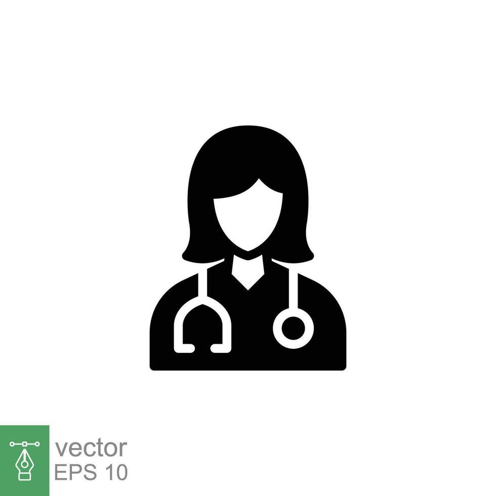 hembra médico icono. sencillo sólido estilo. médico con estetoscopio, mujer, médico, cuidado de la salud, médico concepto. negro silueta, glifo símbolo. vector ilustración aislado en blanco antecedentes. eps 10