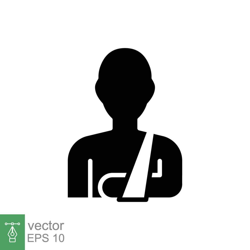 Injured man in bandage icon. Simple solid style. Broken arm, patient, injury, person, wound, medical concept. Black silhouette, glyph symbol. Vector illustration isolated on white background. EPS 10.