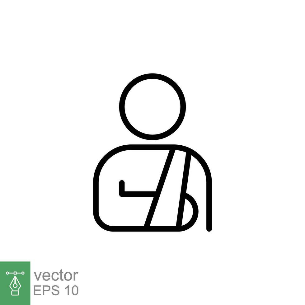 Injured man in bandage icon. Simple outline style. Broken arm, patient, injury, person, wound, medical concept. Thin line symbol. Vector illustration isolated on white background. EPS 10.
