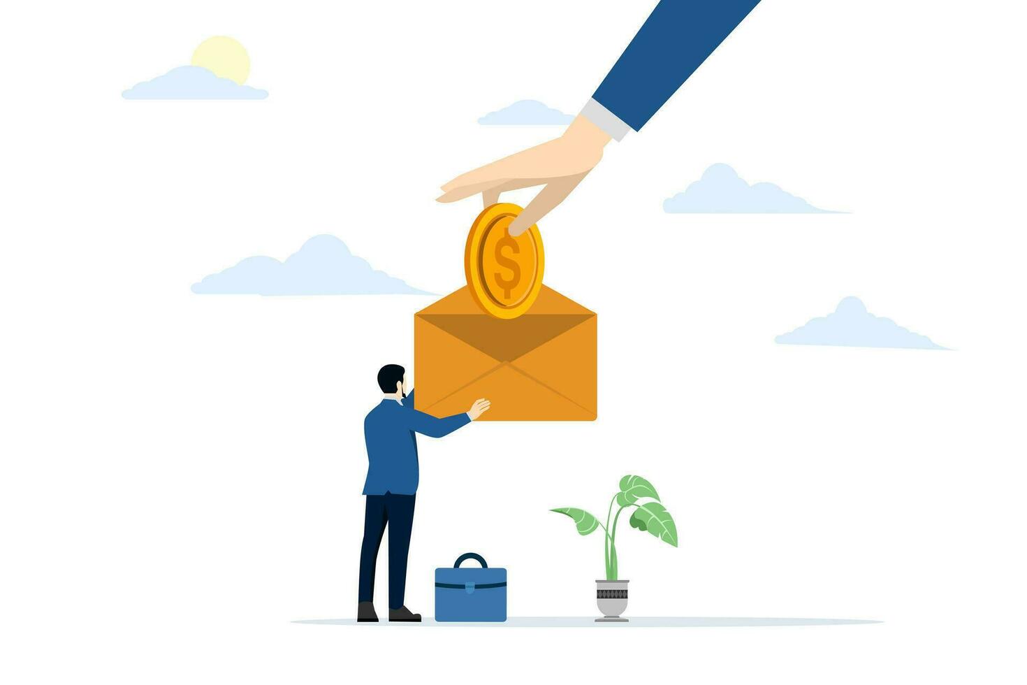 Salary deduction concept. Payment of salary or compensation. Employee salary. lowest wage offer. Adjust the minimum wage rate. Male hand in formal wear holding money coin in finger. illustration. vector