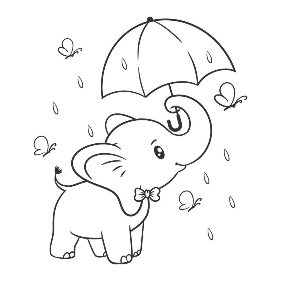 Elephant standing under an umbrella in rainy weather for coloring vector