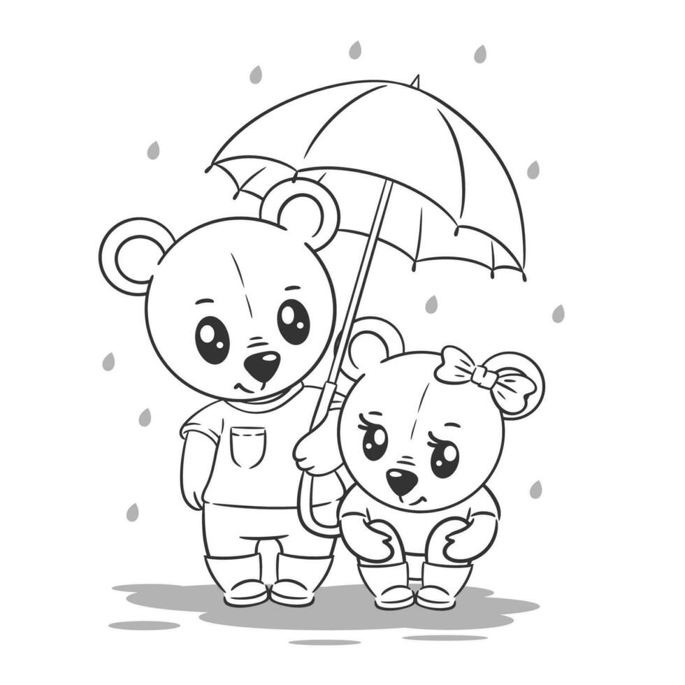 Cute bear standing under an umbrella in rainy weather for coloring vector