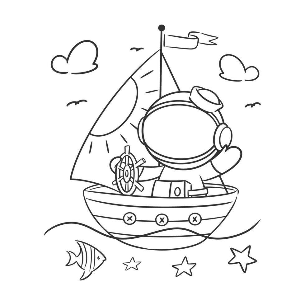 Astronaut is driving a boat in the sea for coloring vector