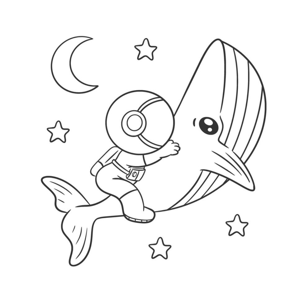 Astronaut is riding a huge whale for coloring vector