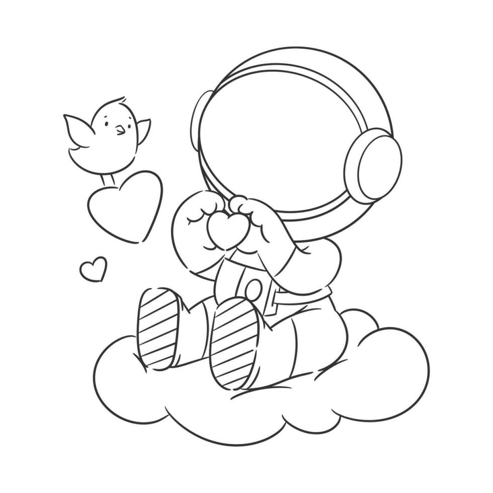 Astronauts are in the clouds and share their love with birds for coloring vector