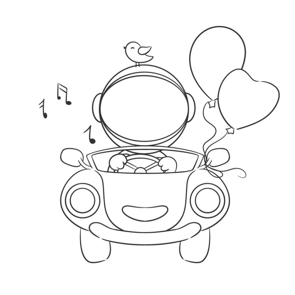 Astronaut driving a car with birds and balloons for coloring vector