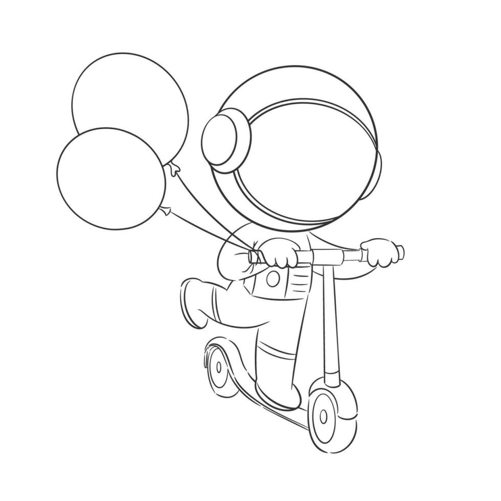 Astronauts playing on scooters and carrying balloons for coloring vector