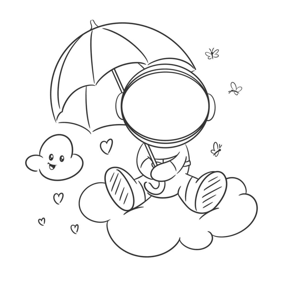 Astronaut is sitting in the cloud with an umbrella for coloring vector