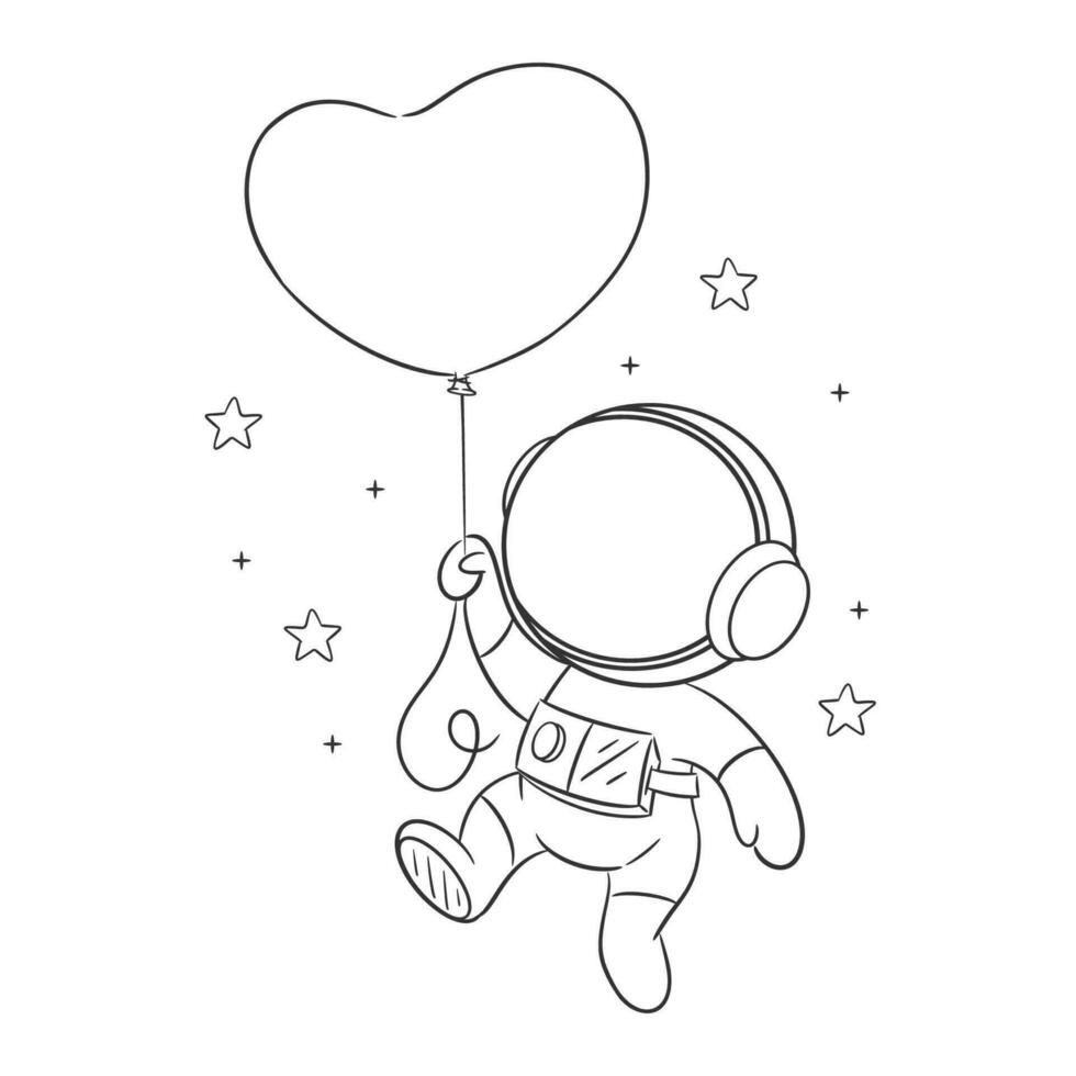 Astronaut is flying with balloon for coloring vector