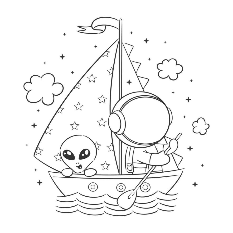 Astronauts are on a ship with friends for coloring vector