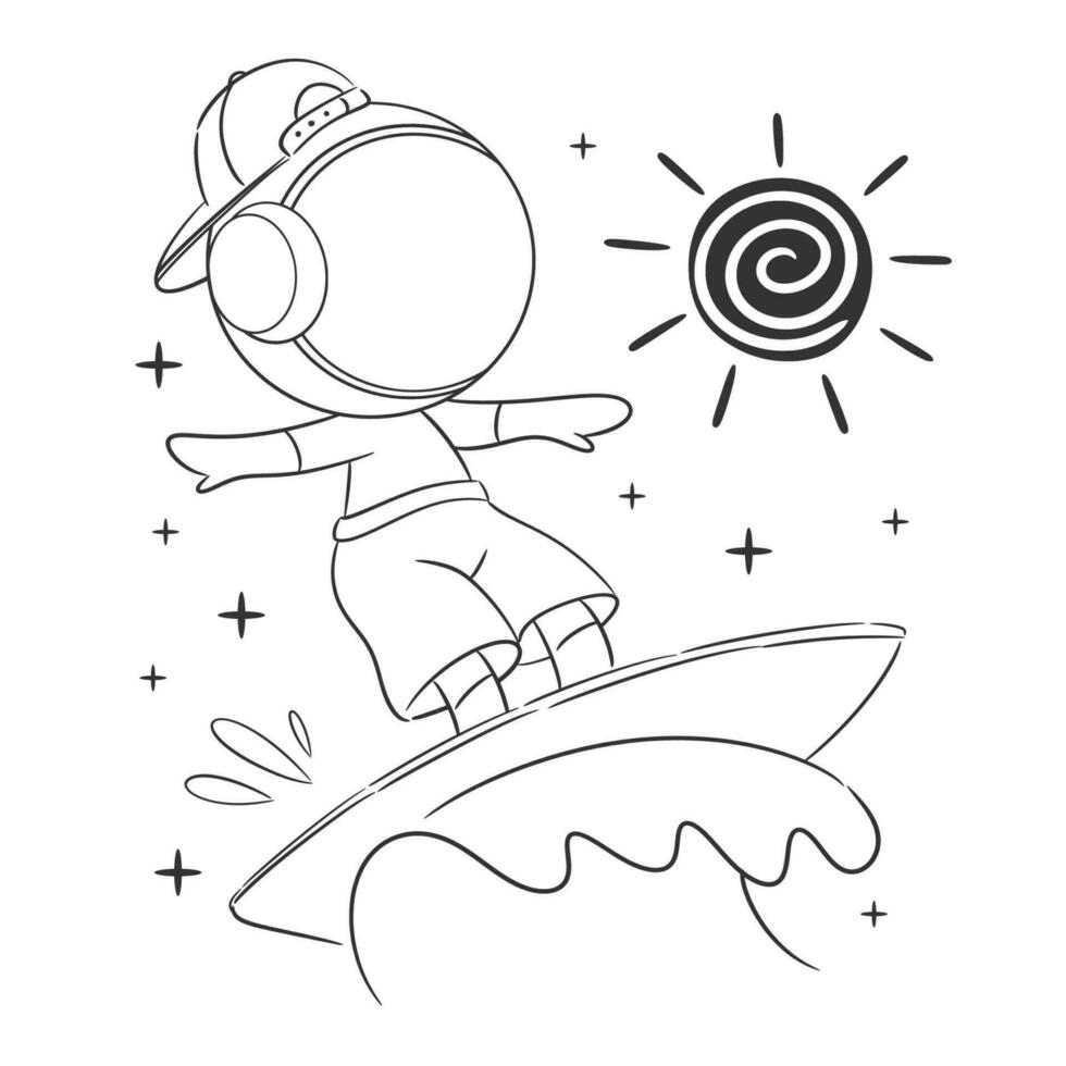 Astronaut playing surf board in the ocean for coloring vector