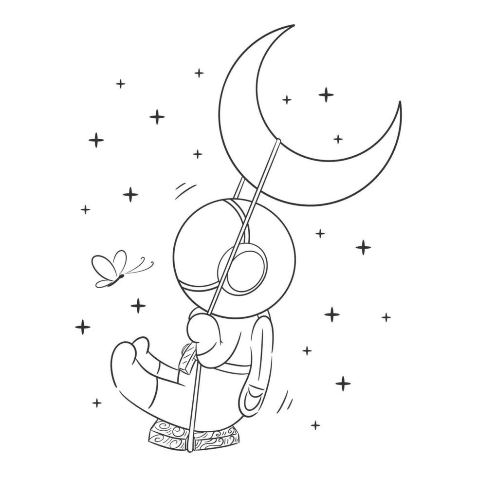 Astronaut playing swing in space for coloring vector