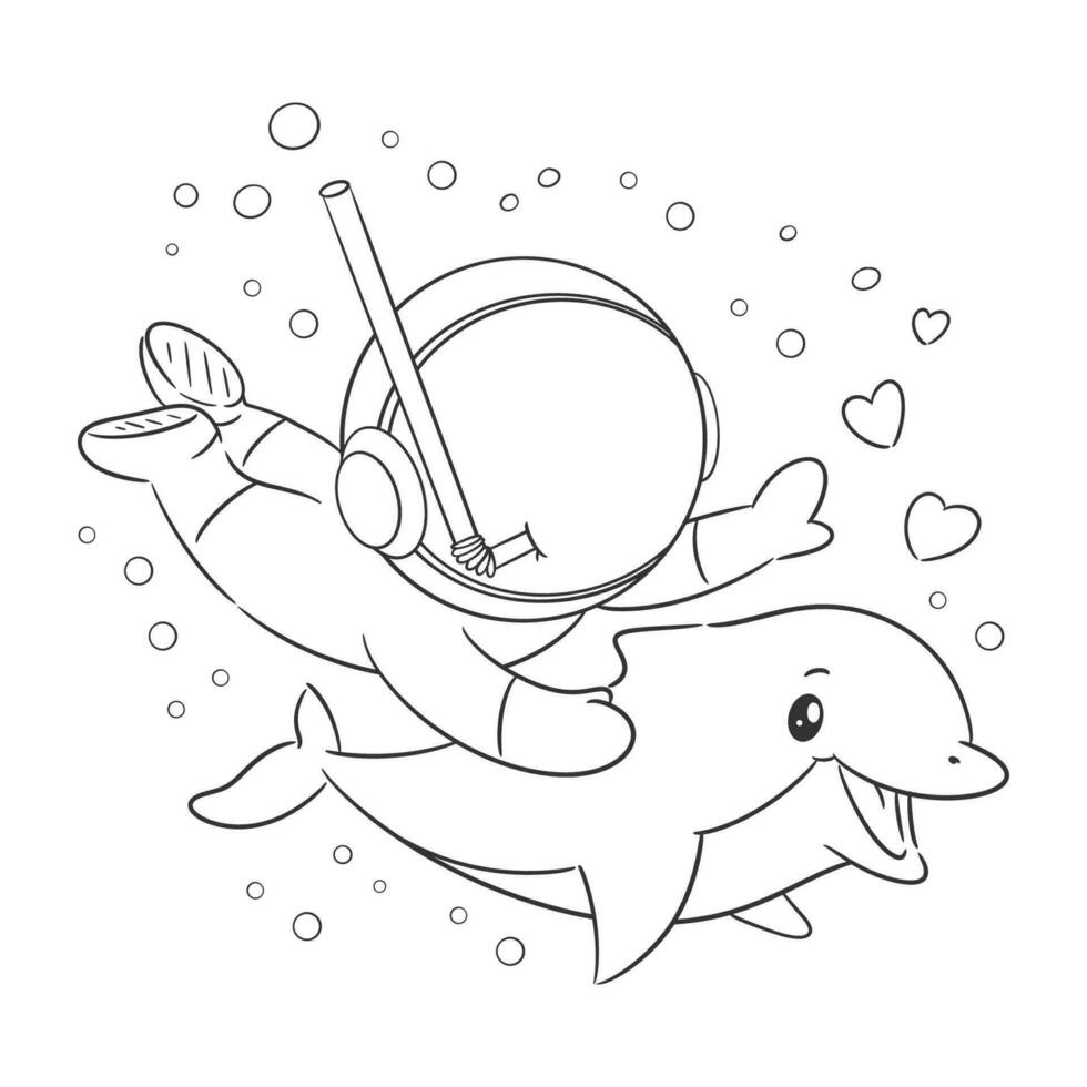 Astronauts are in the sea with dolphins for coloring vector