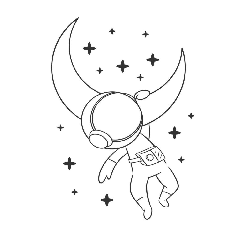 Astronaut hanging on the moon with one hand for coloring vector