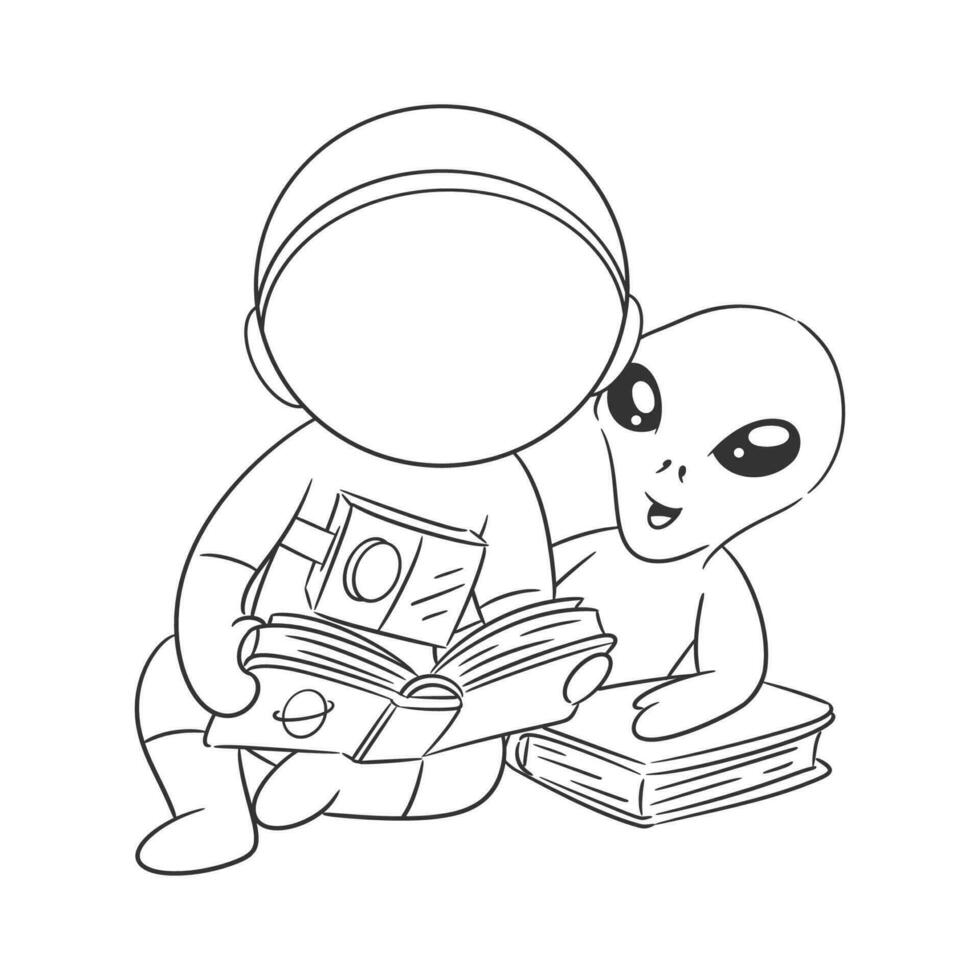 Astronaut is reading a book with his friend for coloring vector