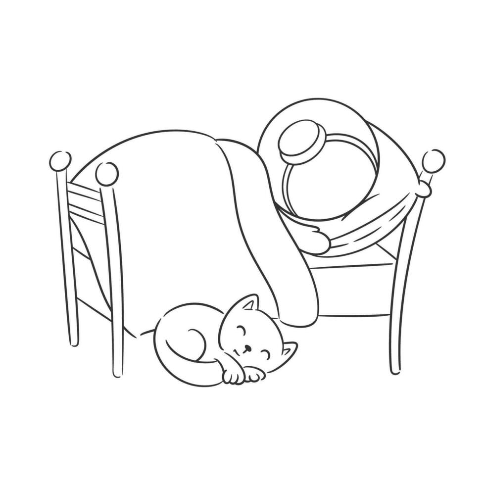Astronaut is sleeping in bed with cat for coloring vector