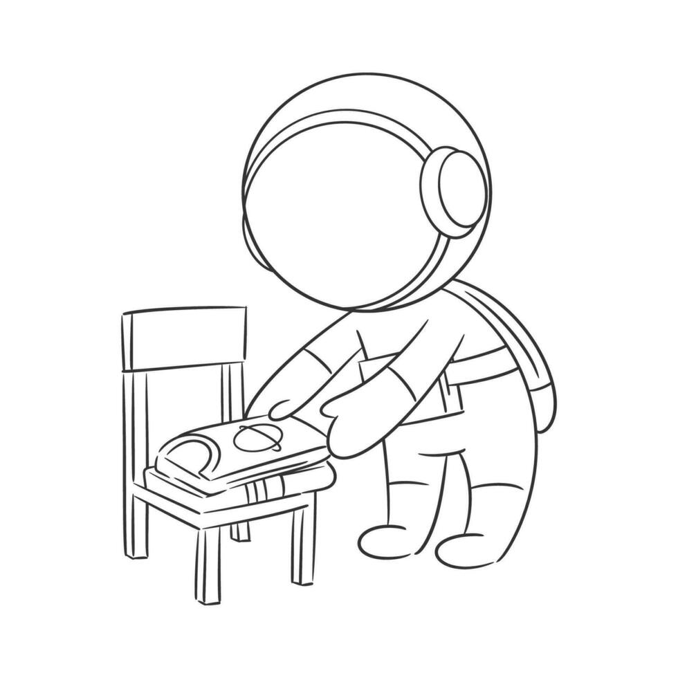 The astronaut is adjusting his clothes on the chair for coloring vector