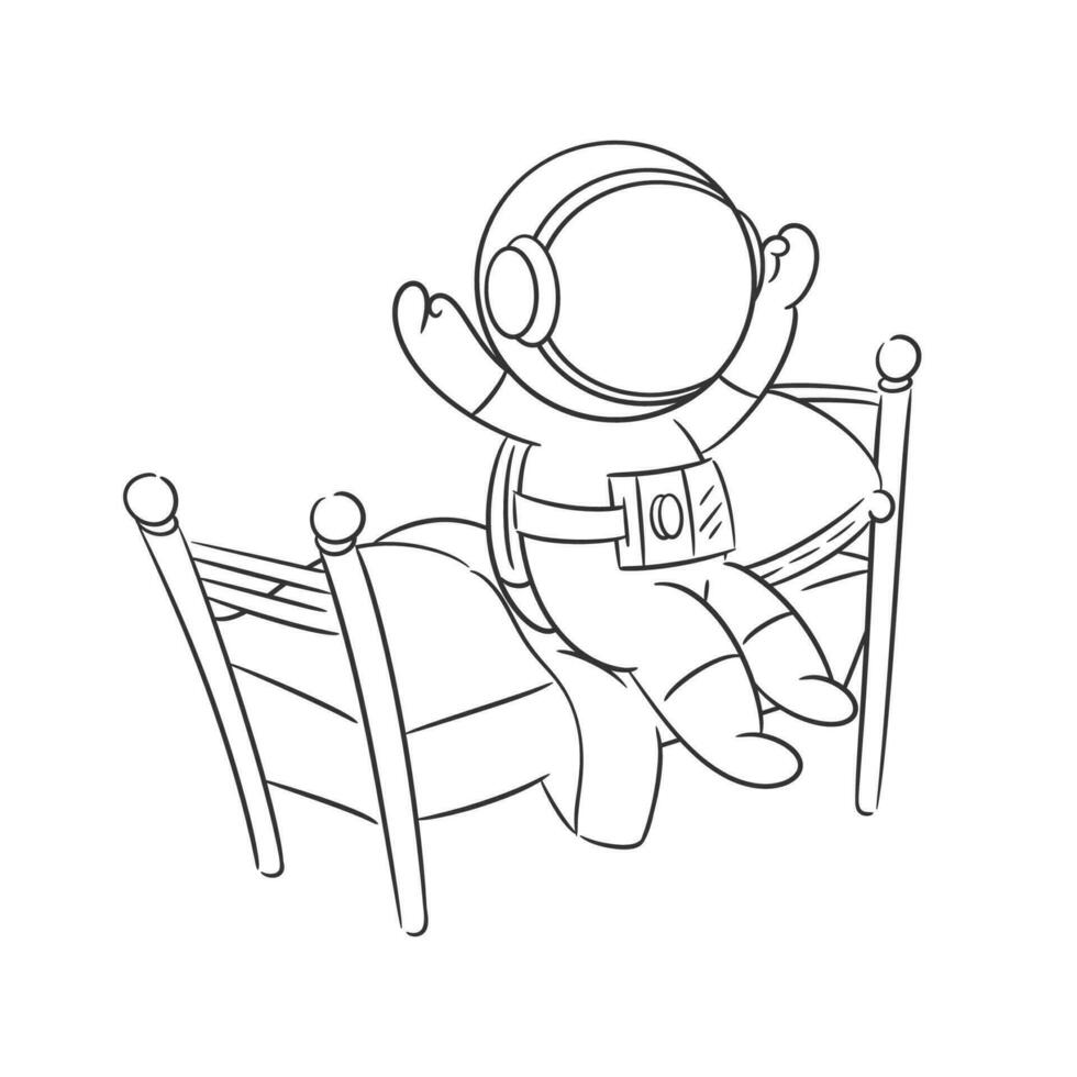 Astronaut is waking up from his bed for coloring vector