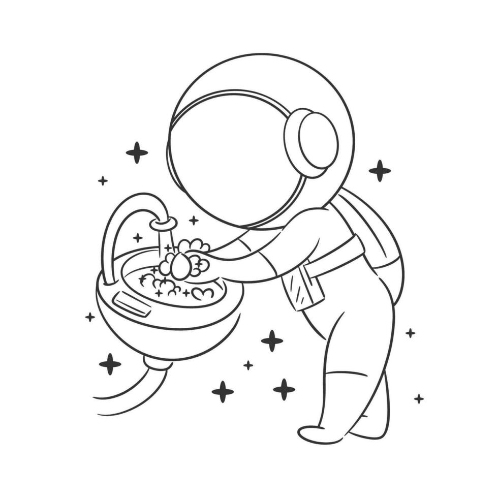 astronauta Lavado su manos en el lavabo para colorante vector