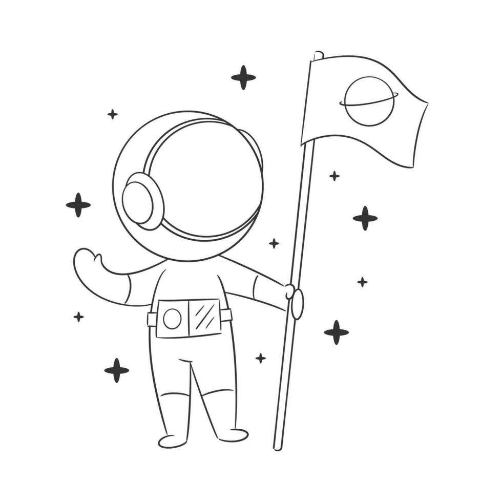 Astronaut carrying flag in hand for coloring vector