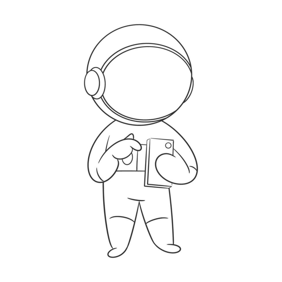 Astronaut standing and playing smartphone  for coloring vector