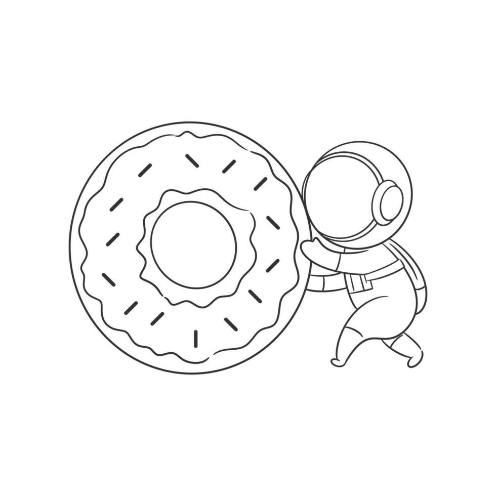 Astronaut carrying a large donut for coloring vector