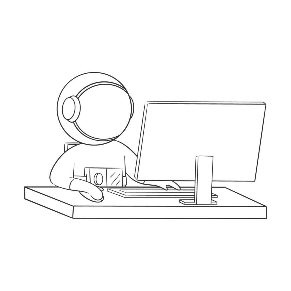 Astronaut is working at the computer for coloring vector