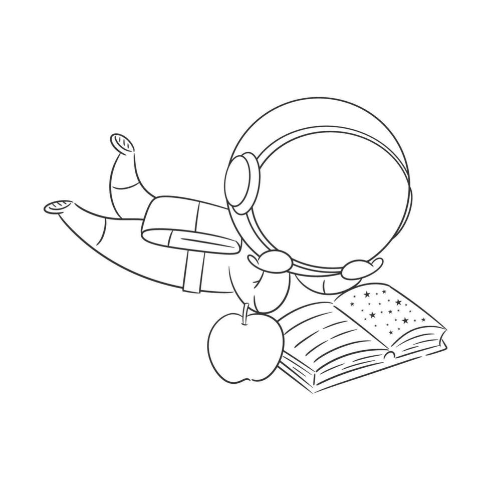 The astronaut is reading a book and there is an apple beside him for coloring vector