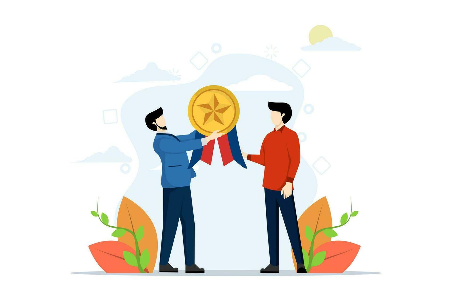 employee award recognition concept, success achievement award or top star of the month, sales champion or best certificate, businessman boss giving gold star badge to winning employee. vector