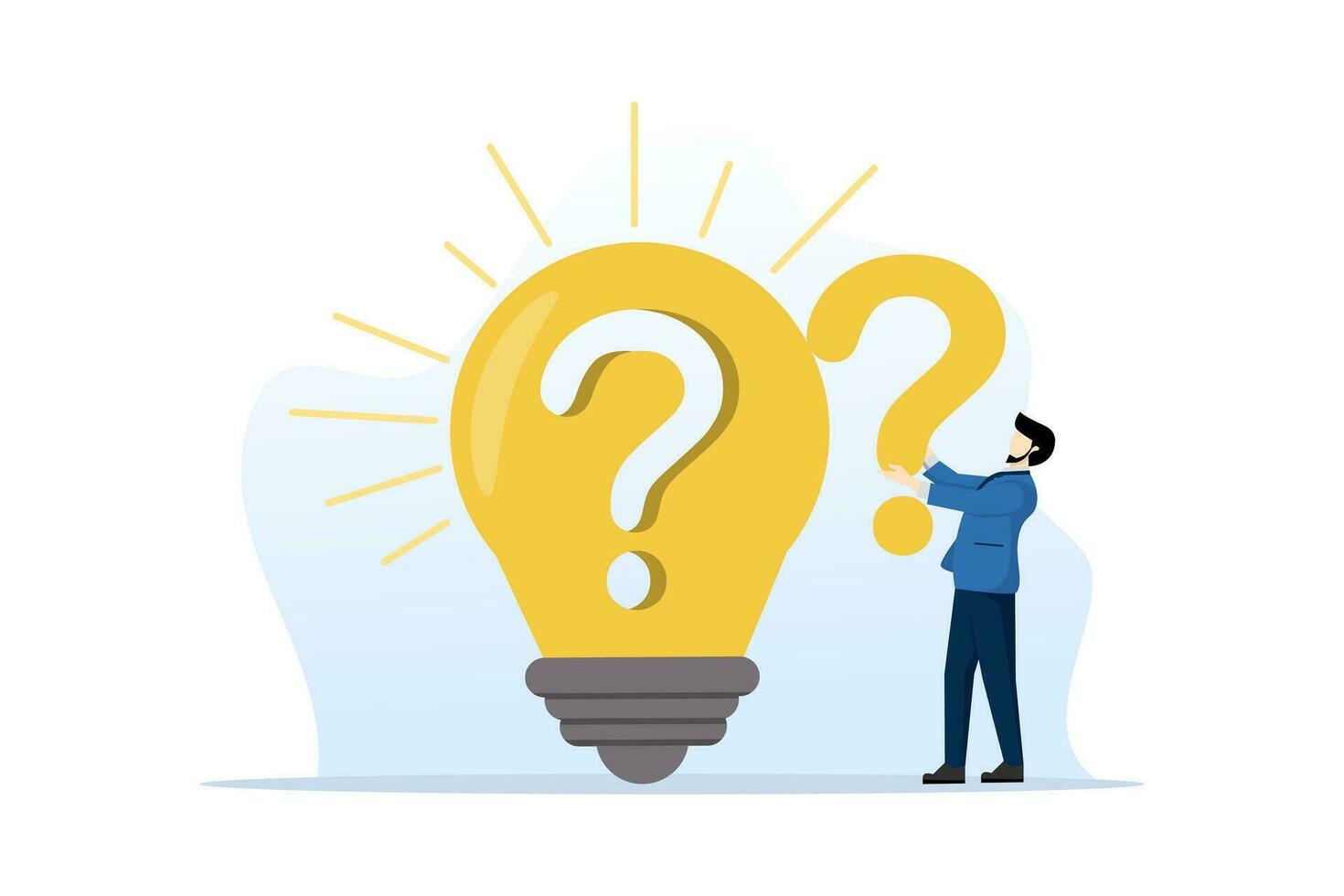 Business problem solving concept. Decisions and solutions using ideas. Businessman standing with question mark and light bulb. solve business problems. flat vector illustration on a white background.