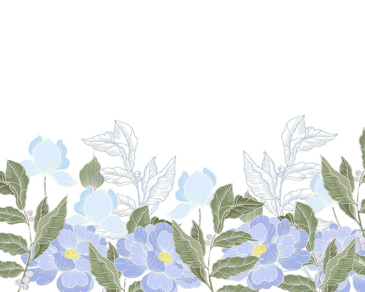 Hand Drawn Blue Rose and Berry Leaves Background vector