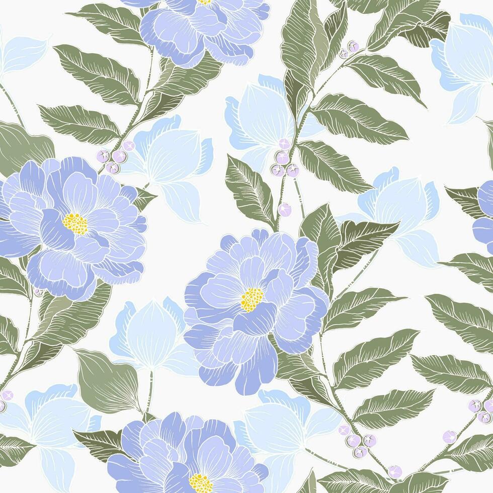 Hand Drawn Blue Rose and Berry Leaves Seamless Pattern vector