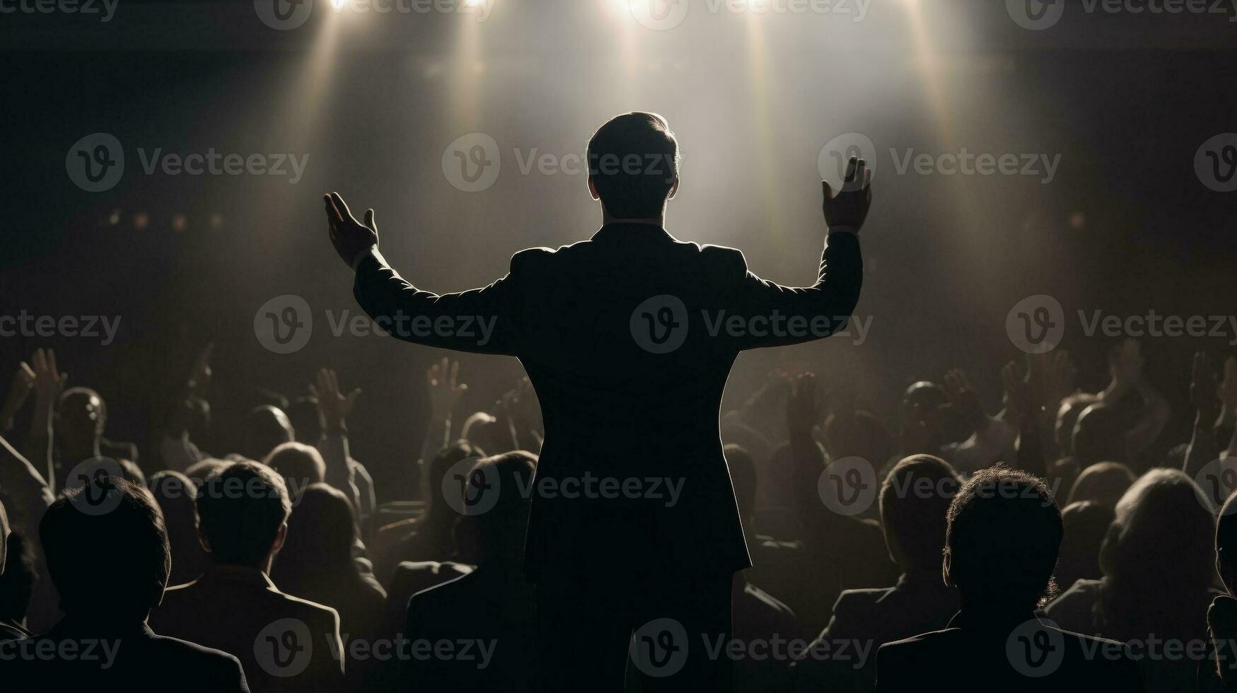business man standing with his back. There was a spotlight shining on him. Showing leadership and motivation with a lot of people. generative AI photo
