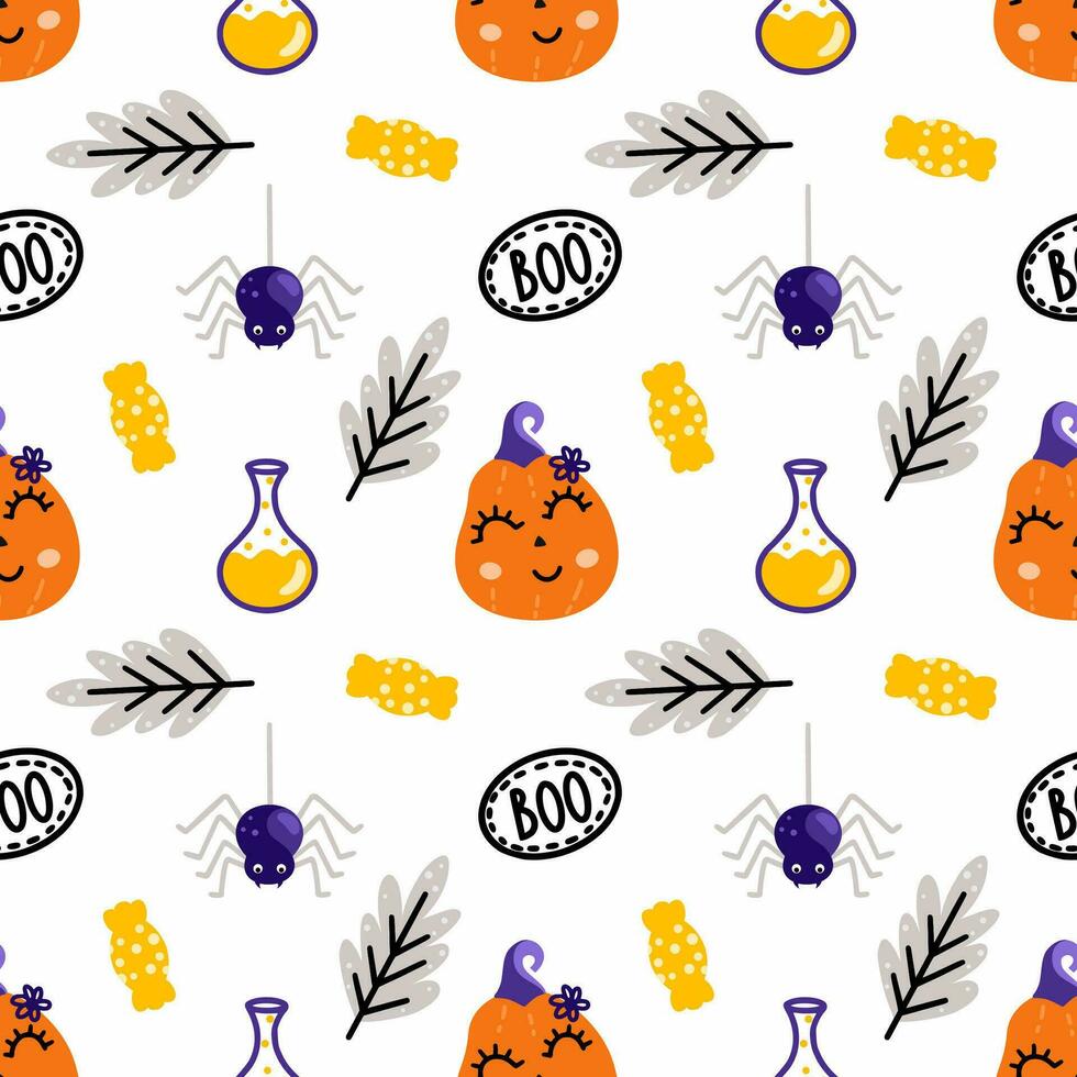 Seamless cute pattern for Halloween. Festive wallpaper with funny pumpkin. Vector illustration in doodles. Background for printing on fabric and wrapping paper.