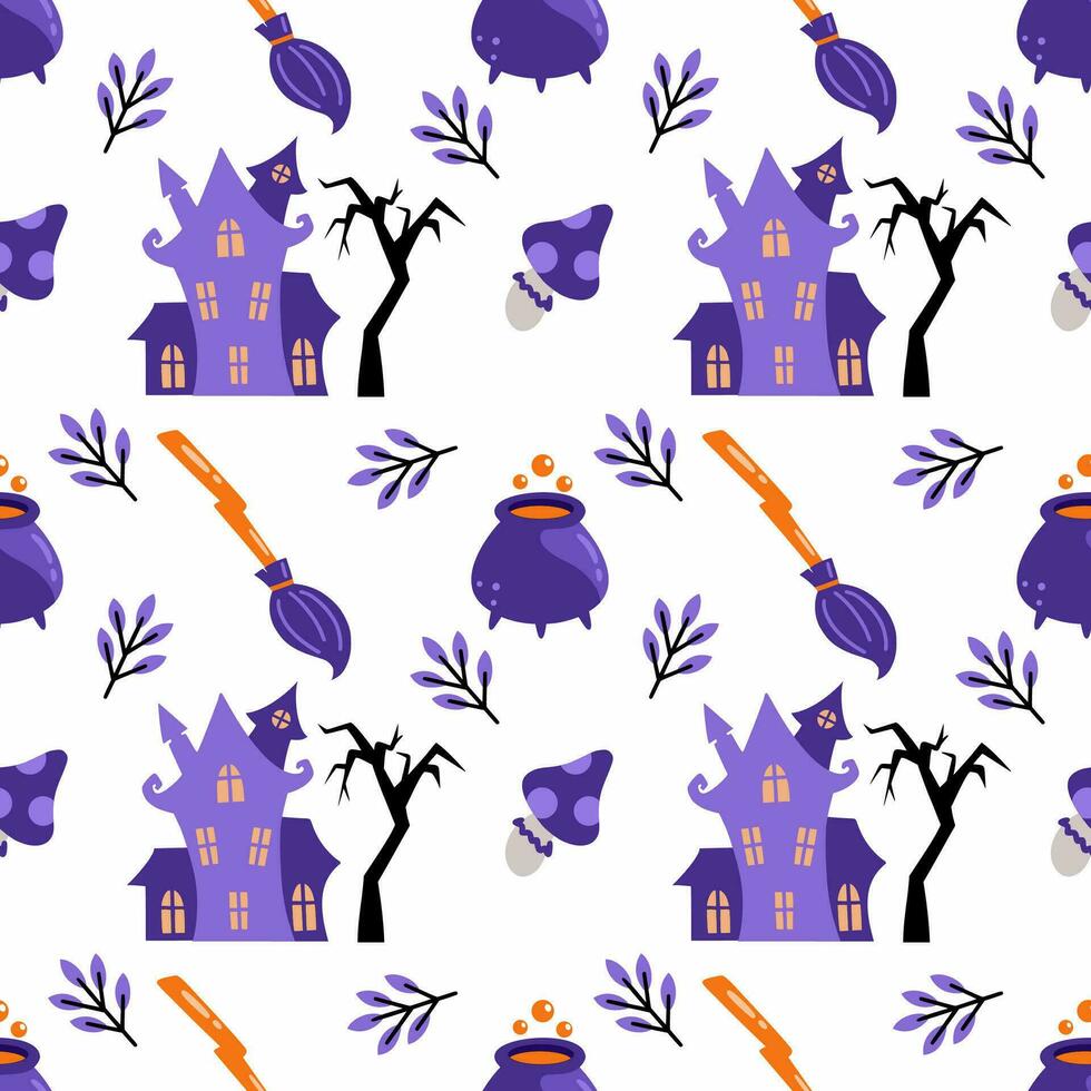 Seamless cute pattern for Halloween. Festive wallpaper with witch magic castle.  Background for printing on fabric and wrapping paper. vector